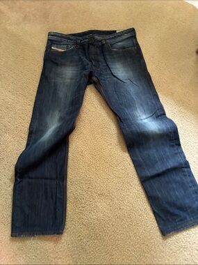 Diesel Industry Men's Straight Jeans in Dark Blue Washed Denim 36x32